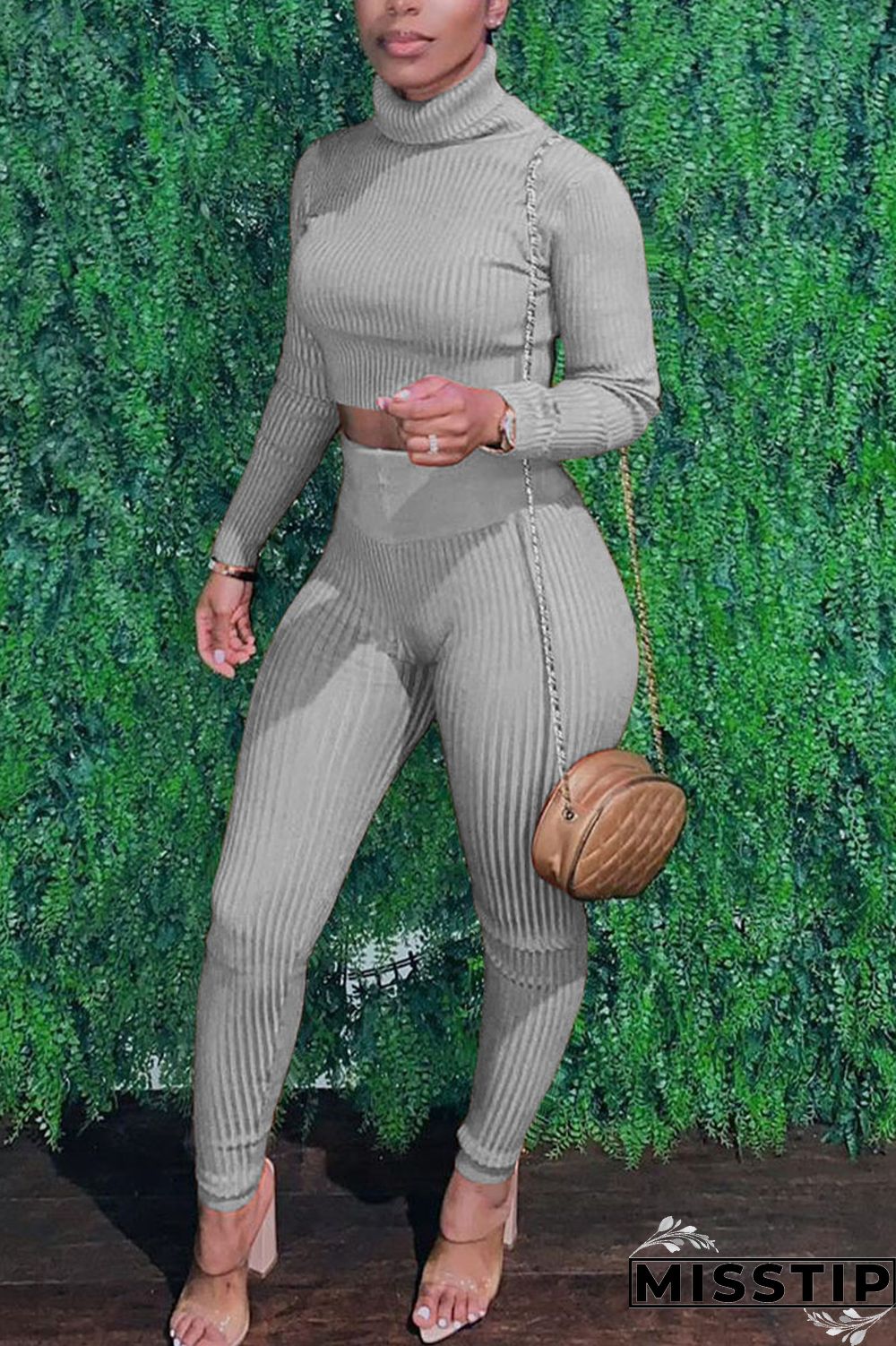 Grey Sexy Solid Patchwork Turtleneck Long Sleeve Two Pieces