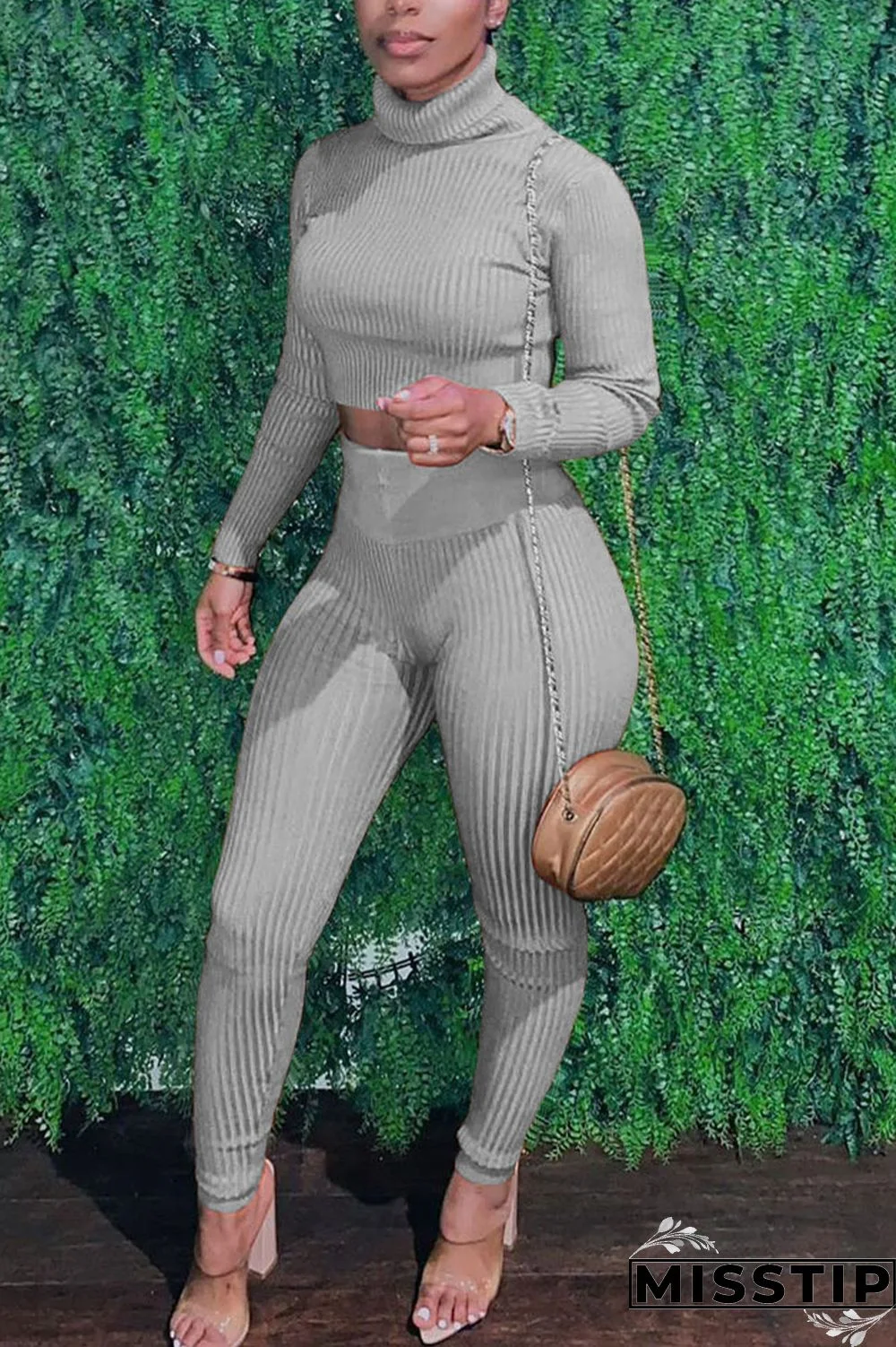 Grey Sexy Solid Patchwork Turtleneck Long Sleeve Two Pieces