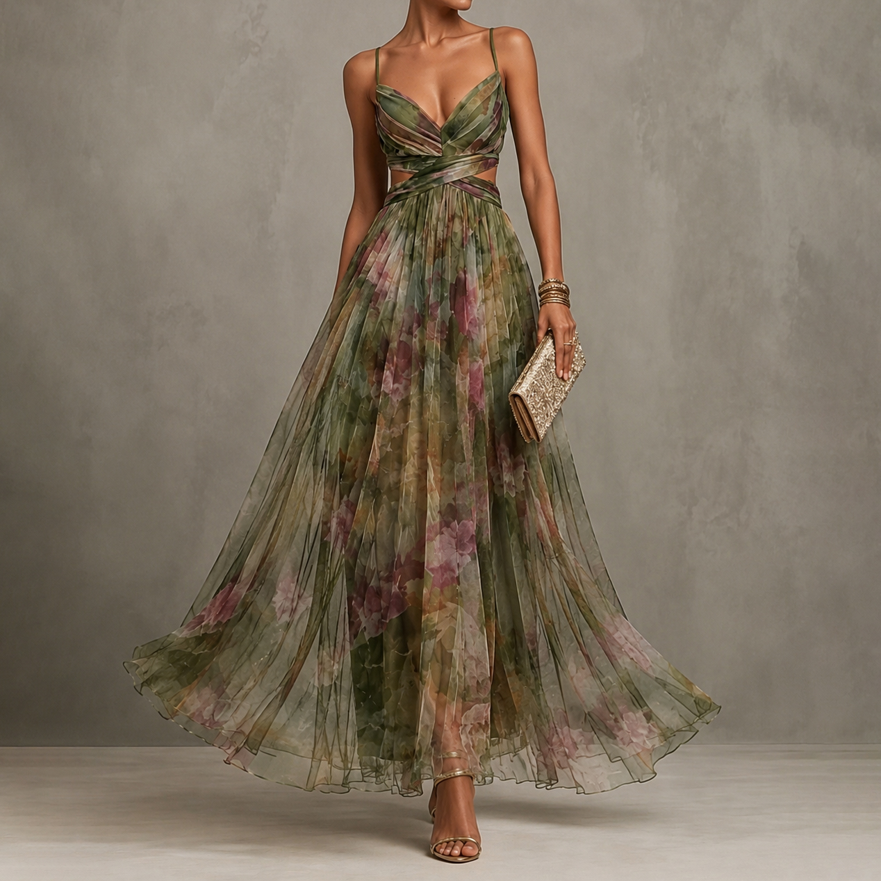 Retro Romantic Floral Wrap Mesh Maxi Dress elevenforest