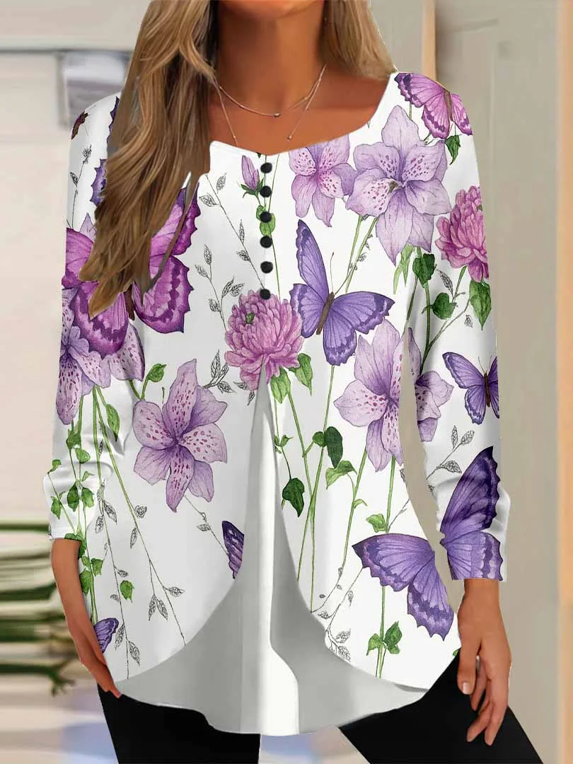 Women Graphic,Purple DZGG8321 Long Sleeve Scoop Neck Printed Graphic Button Fake 2in1 Tops