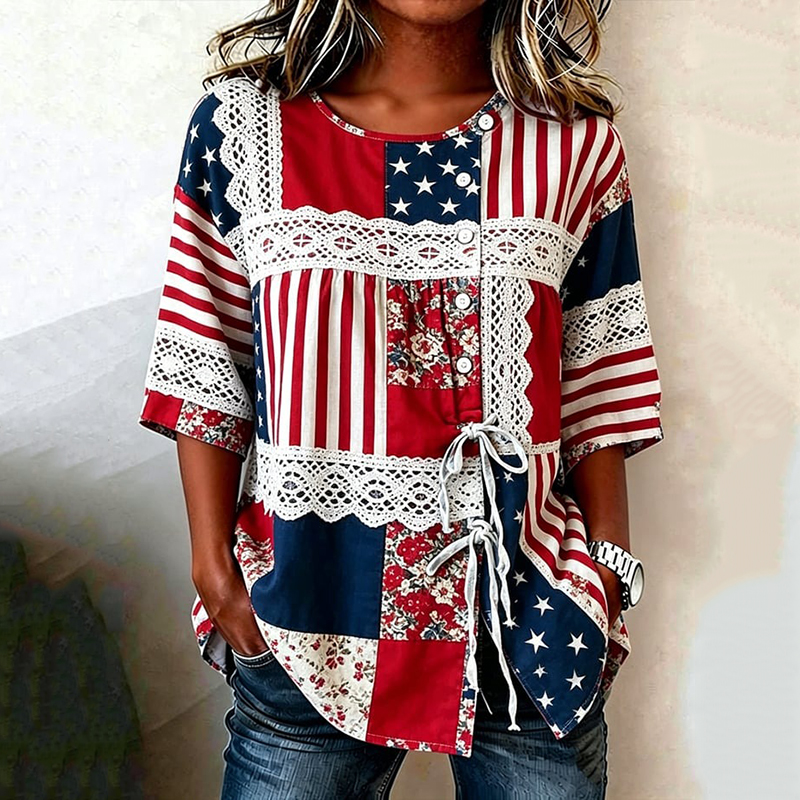  Women's Independence Day Flag & Floral Pattern Tie-front Shirt Westsshops