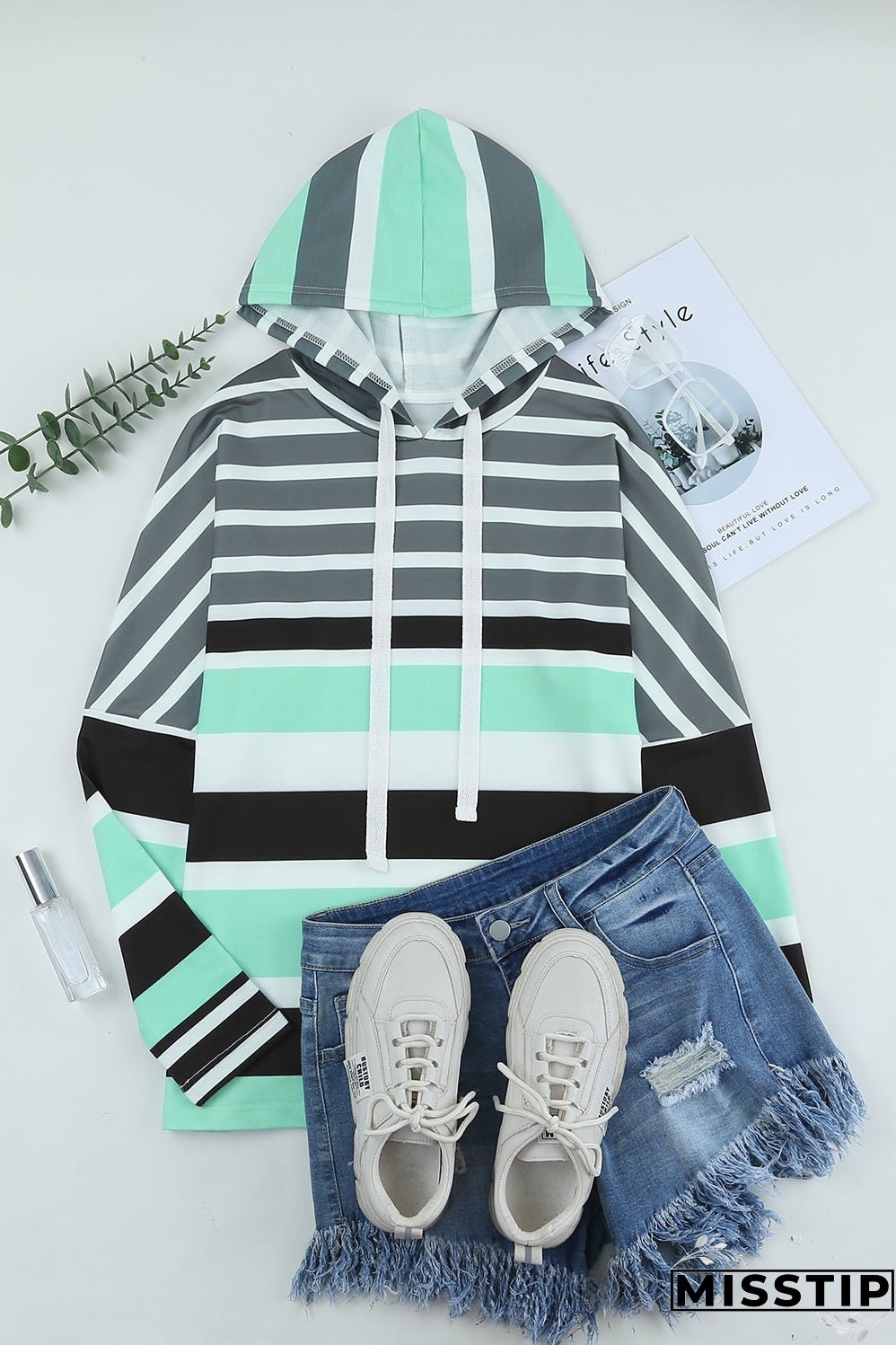 Striped Drawstring Long Sleeve Hoodie