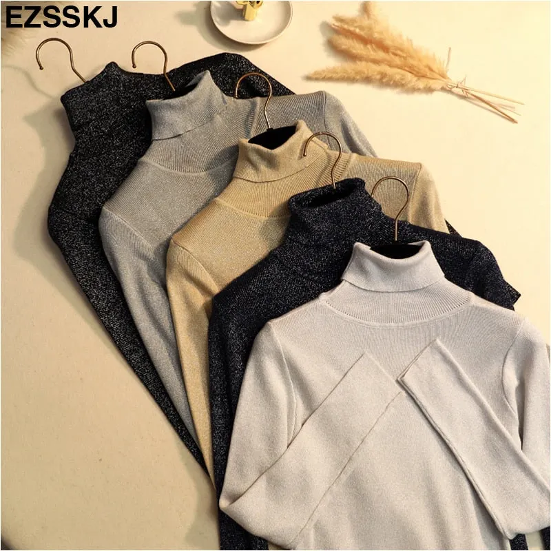 Glitter Turtleneck knit sweater Shinny Chic Women Sweaters And Pullovers spring Autumn thin bling Lurex slim baisc sweater