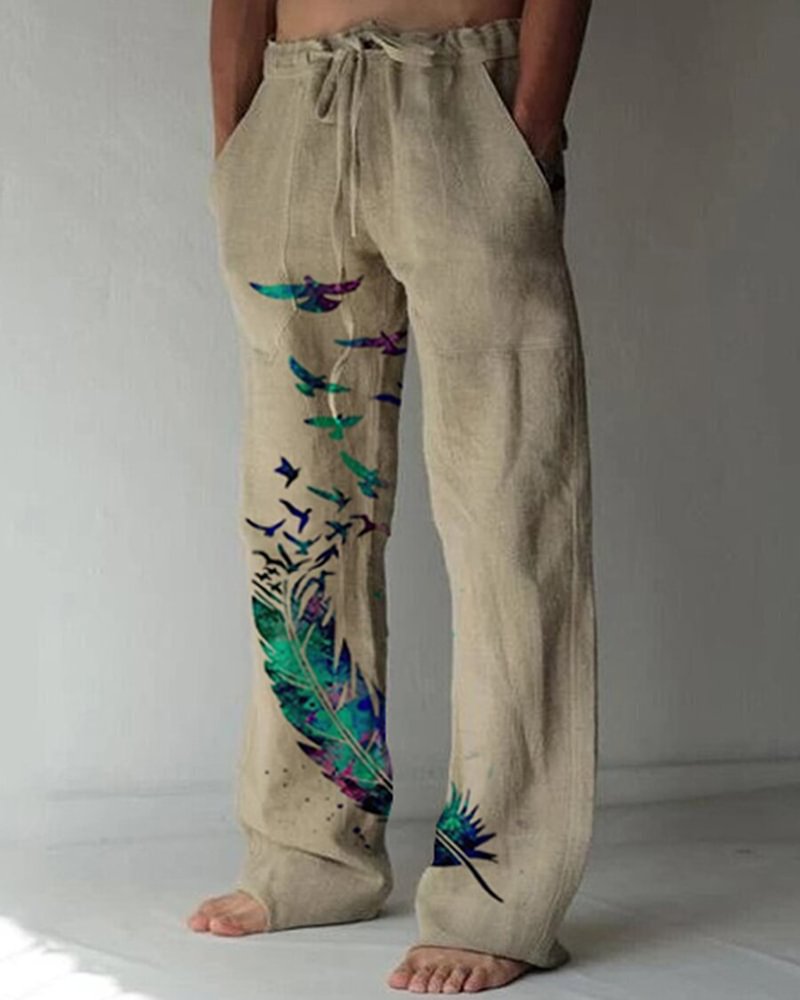 Men's printed lace-up cotton and linen casual pants