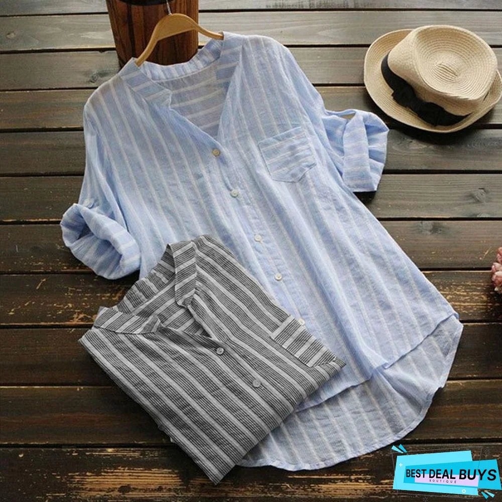 Plus Size Women Striped Blouse Tops Casual Work Shirts Elegant V Neck Blouse