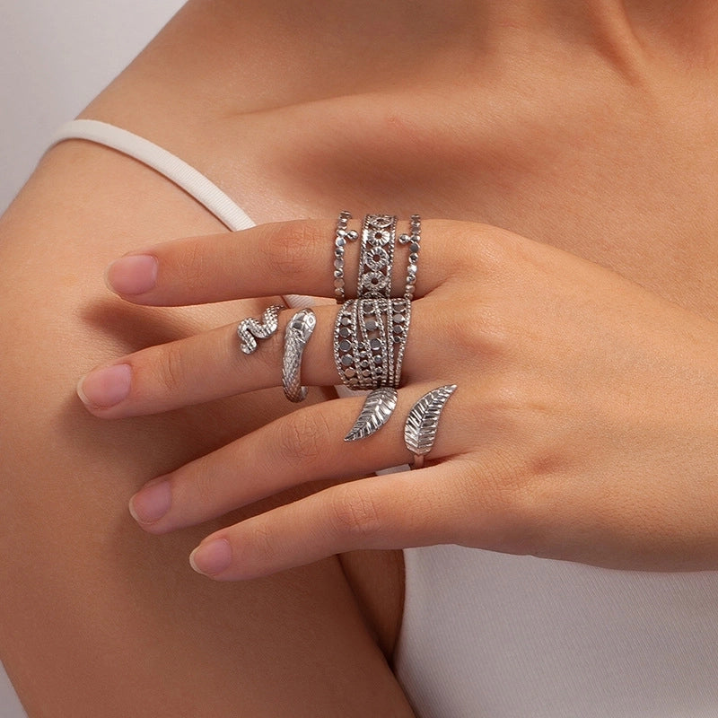 Retro Classic Style Geometric Leaf Snake Titanium Steel Plating Open Rings