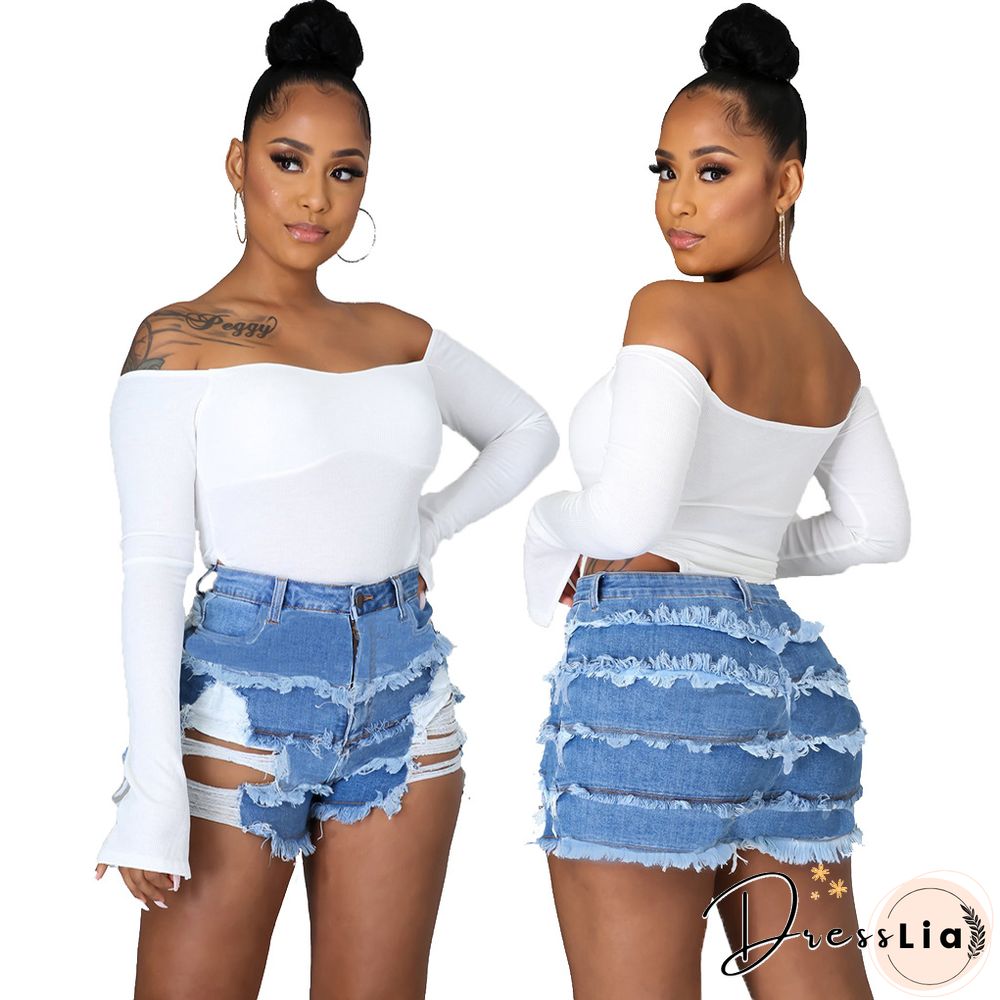 Summer Sexy Patchwork Women Ripped High Waist Holes Stretch Streetwear Plus Size Denim