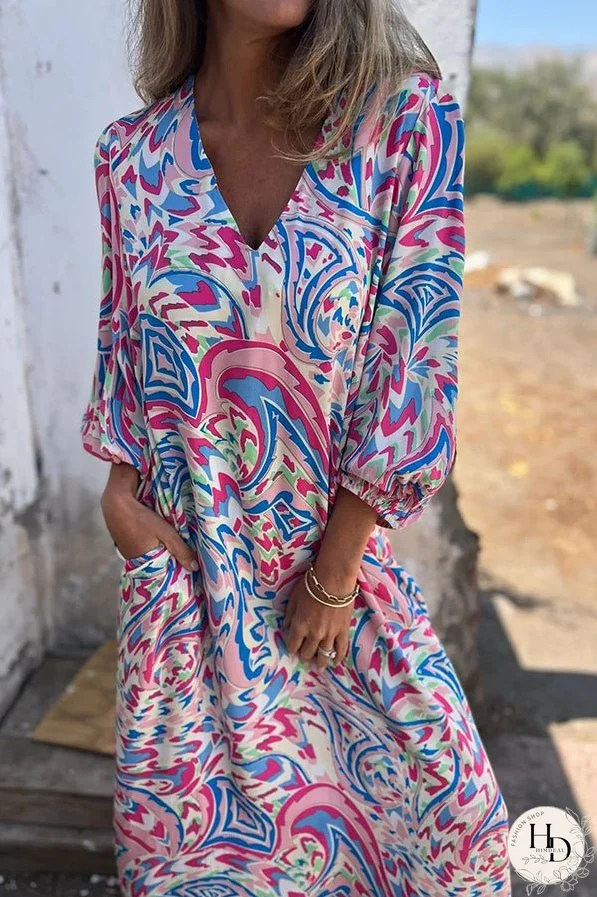 Unique Print V Neck Loose Pocket Holiday Maxi Dress