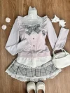 Japanese Sweet Preppy Style Skirt Set Women Kawaii Lace Patchwork Bow Tops + Y2k Plaid Mini Skirt Elegant Outifits 2 Piece Set