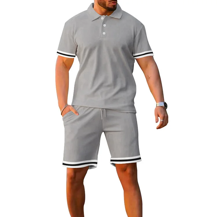 BrosWear Men's Solid Color Casual Short Sleeved Polo Shirt Two Piece Set