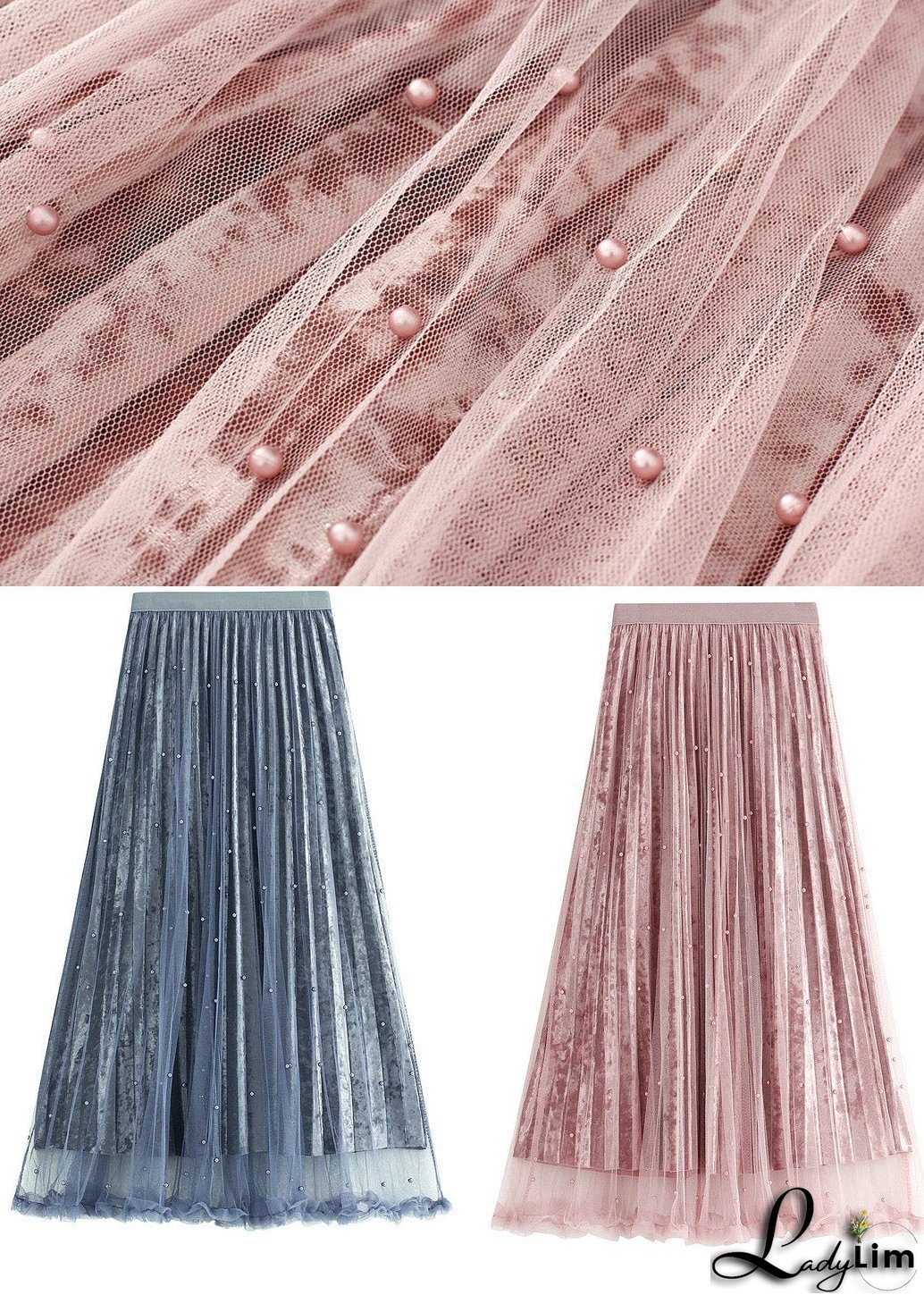Elegant Grey Blue Elastic Waist Silk Velour Skirts Spring