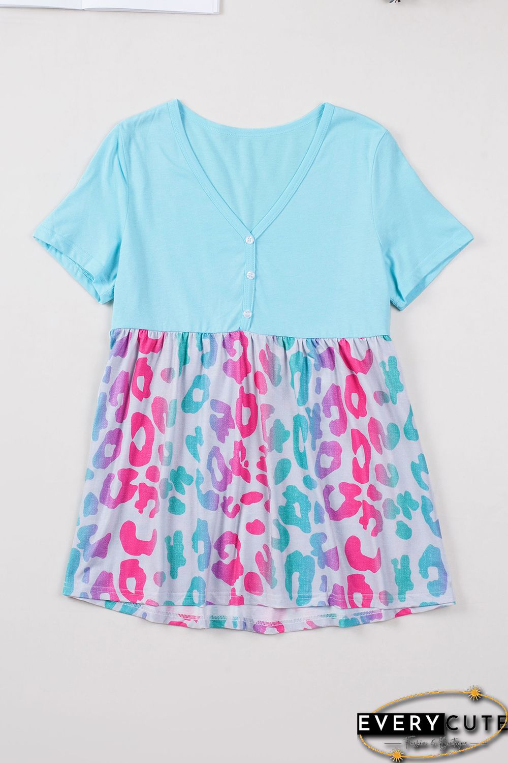 Sky Blue Leopard Color Block Buttoned V Neck T Shirt