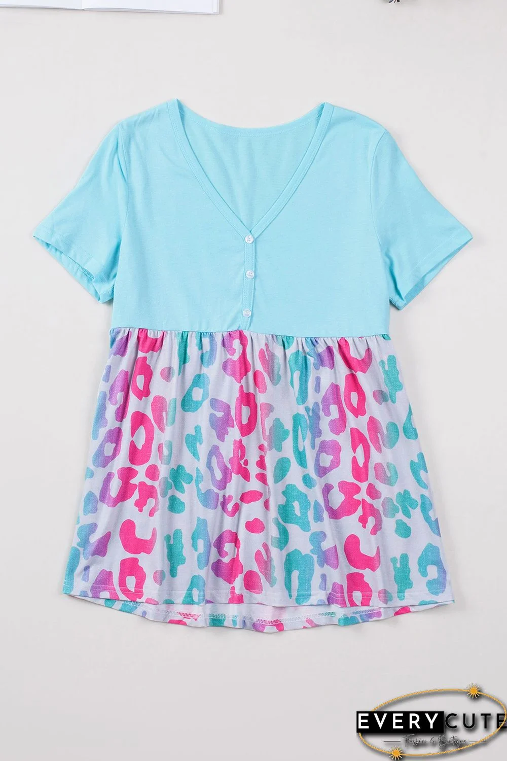 Sky Blue Leopard Color Block Buttoned V Neck T Shirt