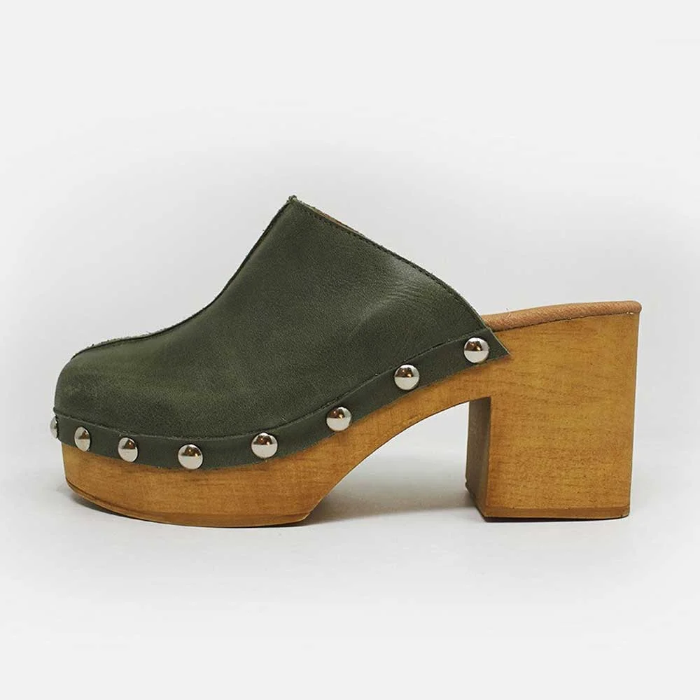 Olive Slip-On Round Toe Block Heel Platform Mules Shoes with Studs