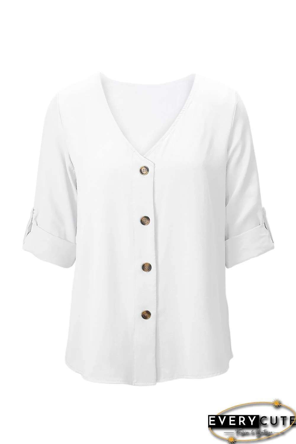 White Button Detail Roll up Sleeve Blouse