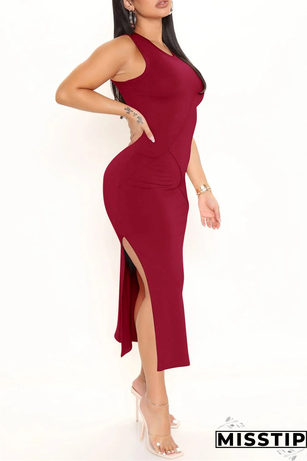 Black Fashion Casual Solid Slit O Neck Sleeveless Dress