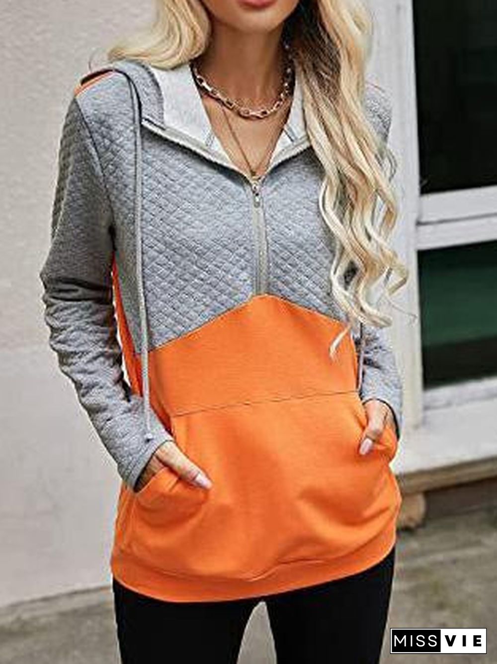 Women's Stitching Hooded Zippe Long Sleeve V-neck Tops