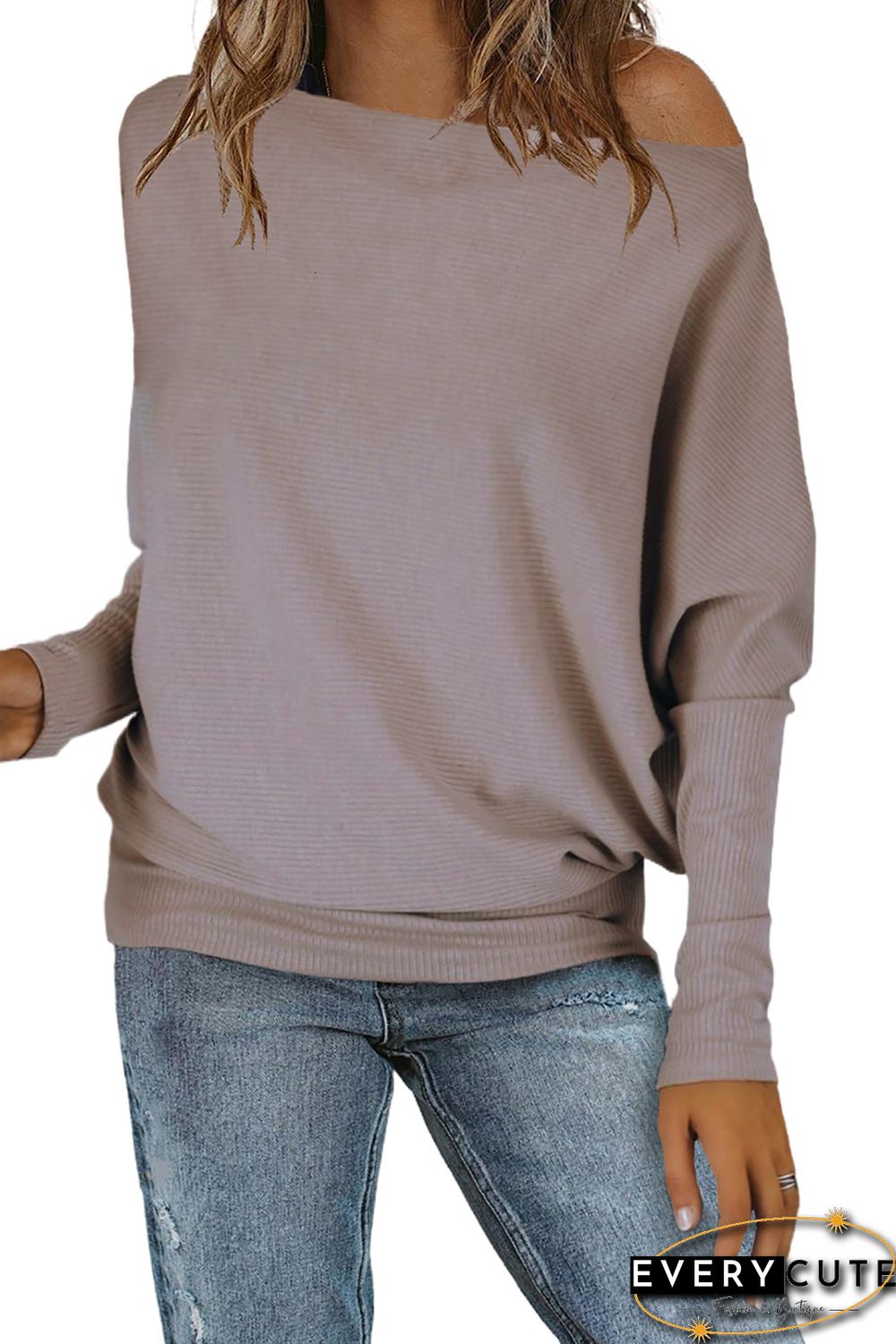 Off Shoulder Ribbed Texture Raglan Long Sleeve Top