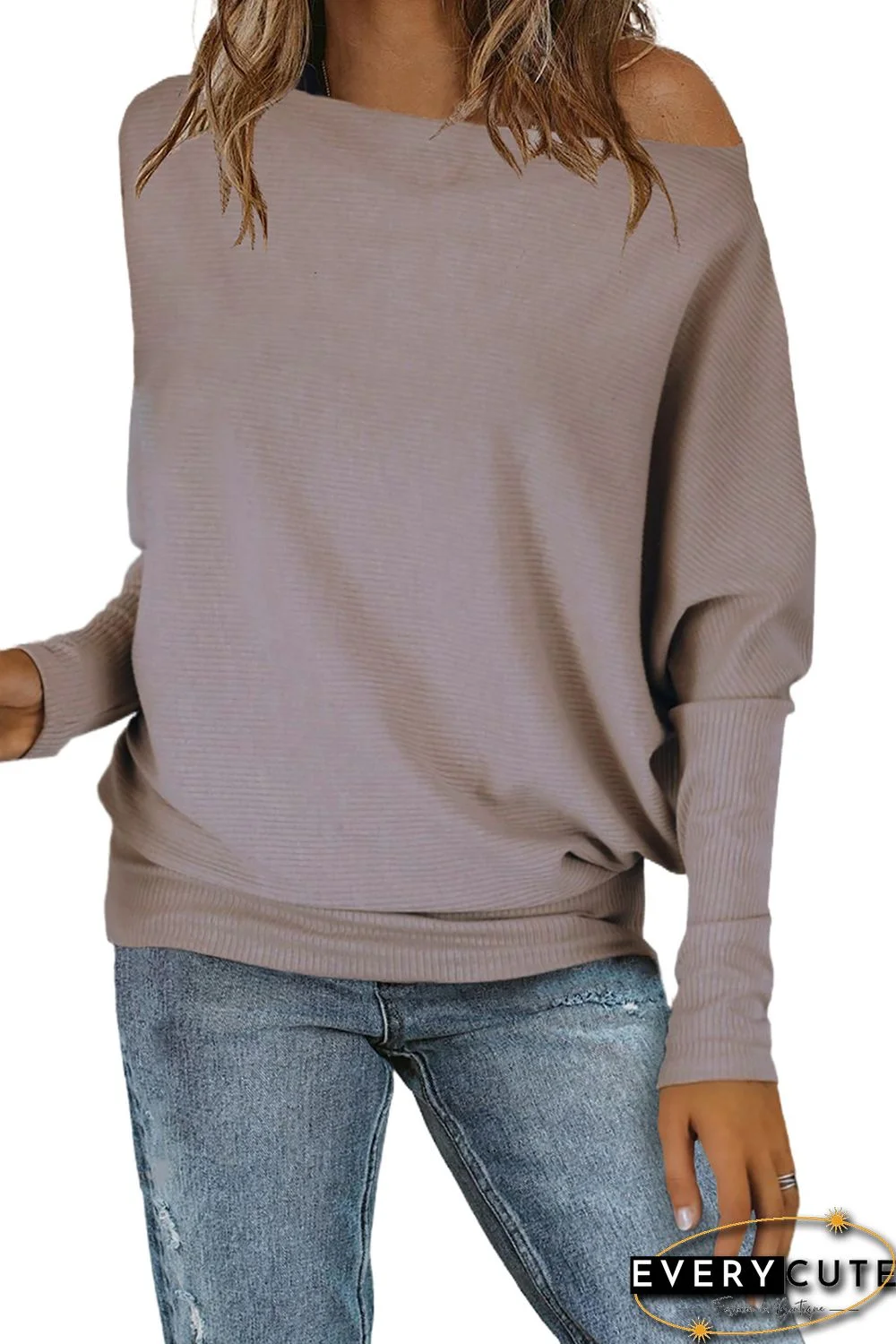 Off Shoulder Ribbed Texture Raglan Long Sleeve Top