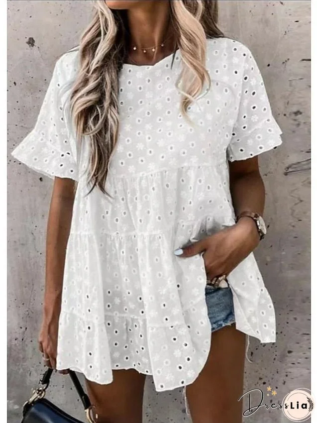 Shirt Peplum Black White Yellow Plain Ruffle Short Sleeve Casual Basic Round Neck Long S for Women