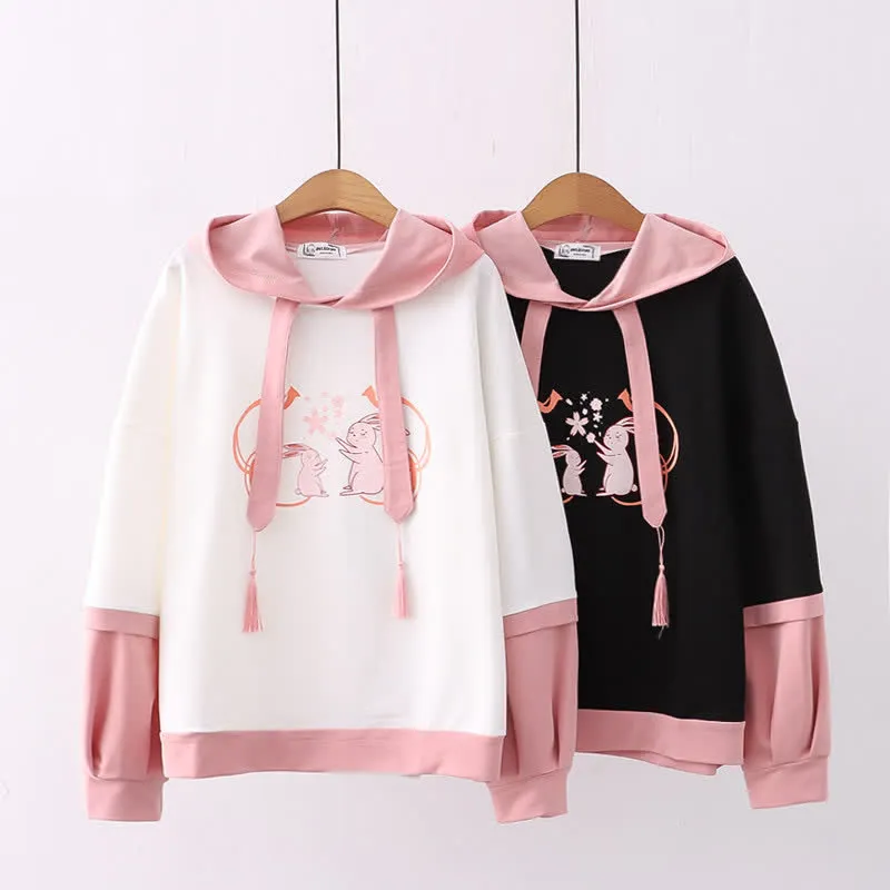 Colorblock Bunny Sakura Print Loose Hoodie
