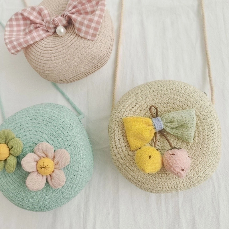 Girl’s Small Straw Flower Bow Knot Cute Round Zipper Crossbody Bag