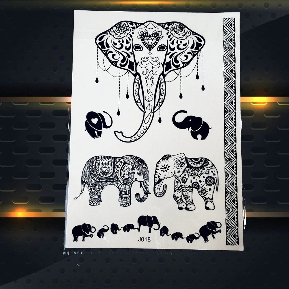1PC Women Wedding Henna Flash Temporary Tattoo Sticker Black Elephant Ganesha Design Waterproof Fake Tattoo Elephant Chain PBJ18