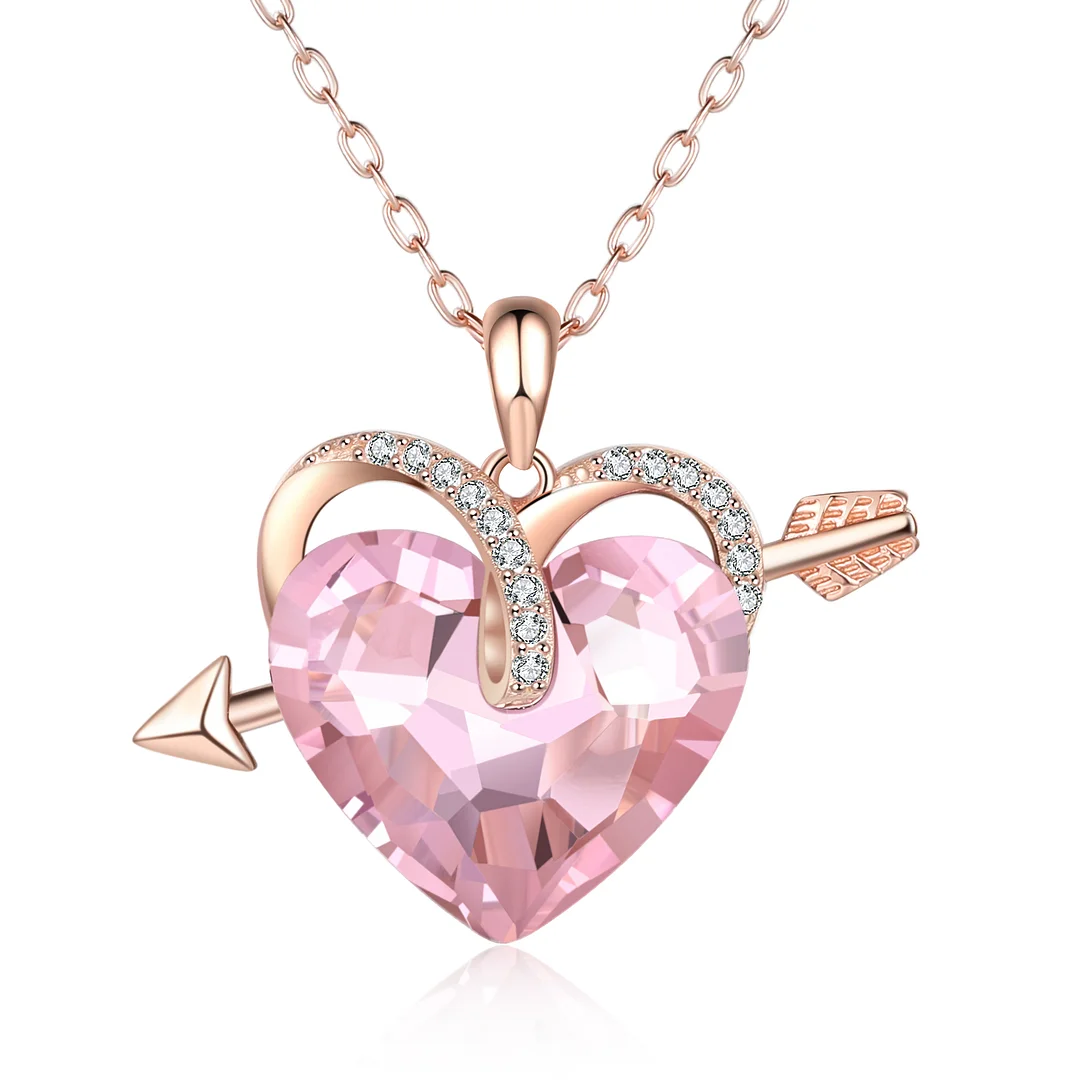 Heart Pink Crystal Necklace Love Arrow Tourmaline Necklace for Her