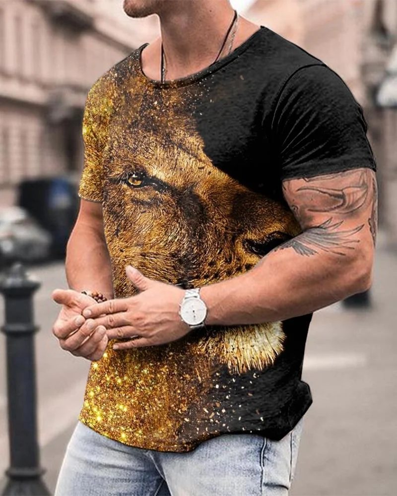 Men's Fashion Lion Printing Short-sleeved T-shirt