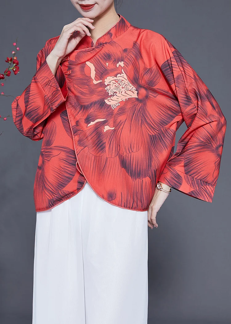 Vintage Red Mandarin Collar Print Chinese Button Silk Jacket Spring