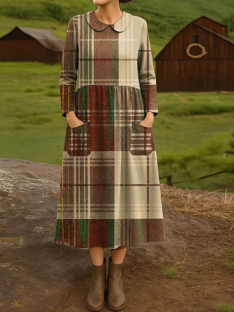 Women's Vintage Plaid Art Print Cotton Lapel Button-Down Shirt Dress