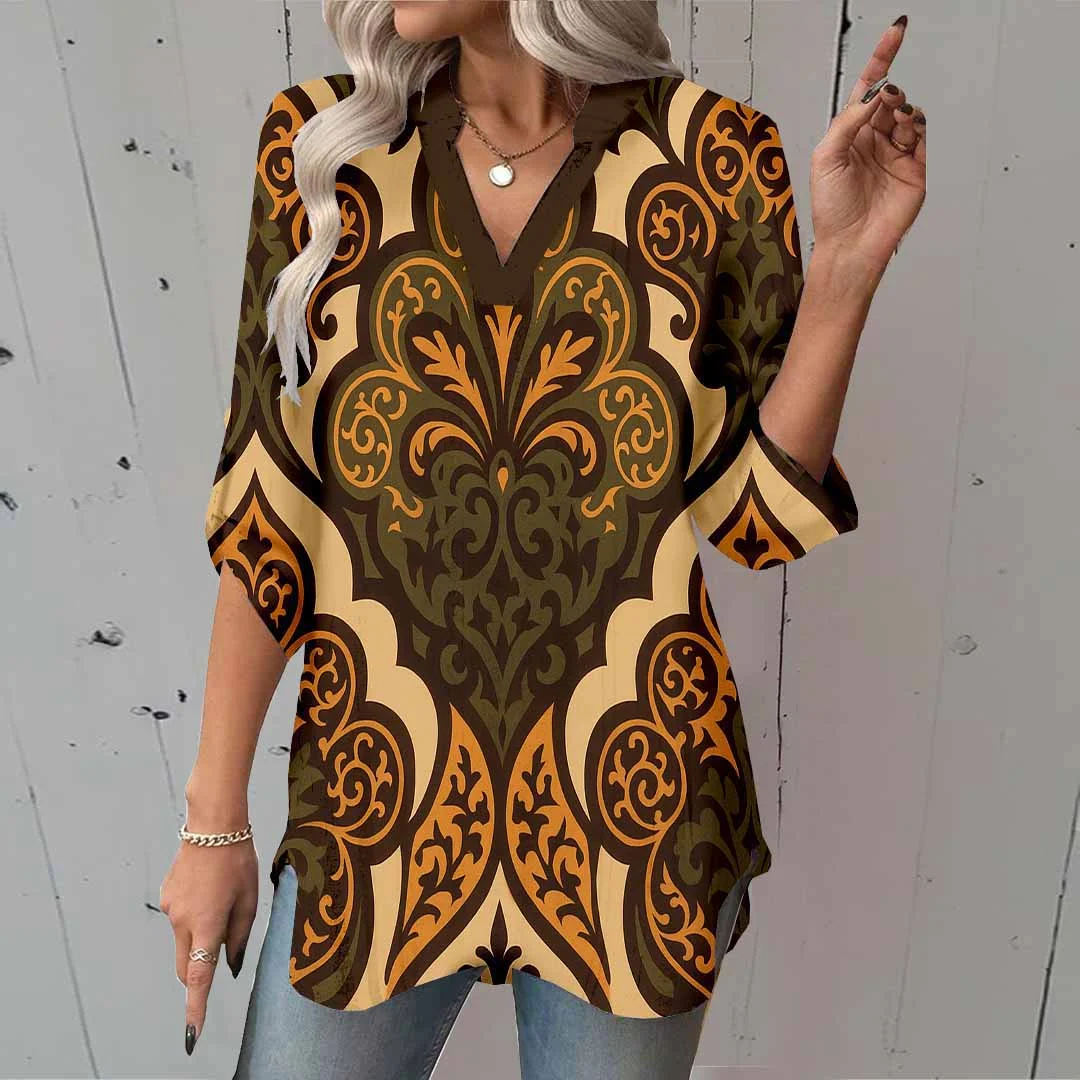 Women Tropical, Brown, Khaki DZGA0164 3/4 Sleeve V-neck Printed Graphic Button Tops
