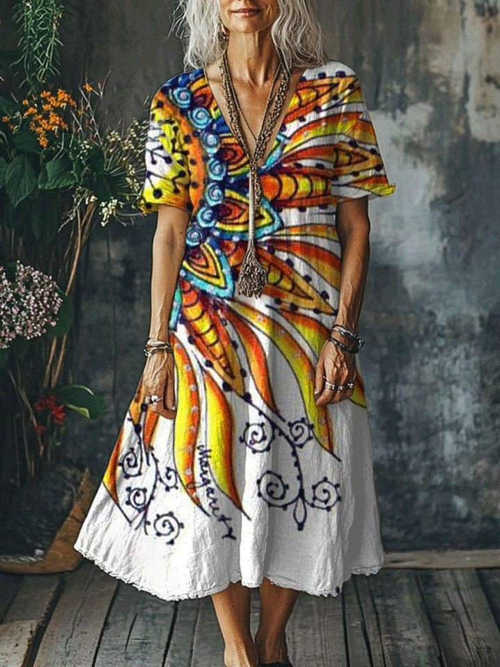 Women's Boho Vintage Art Print Pocket Cotton Dress