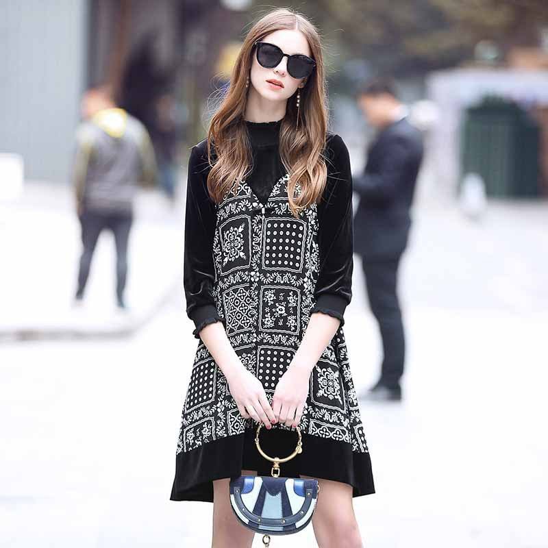 Early Spring Women's Clothing Vintage Veet Stitching Printing Loose A- Line Dress Fashion