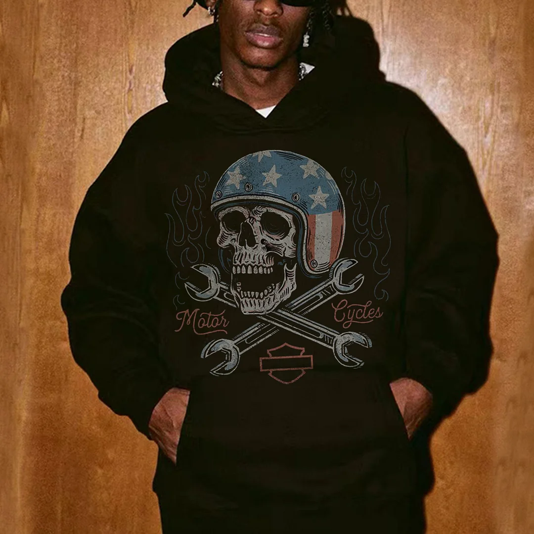 Skull with Helmet Motor wrench Letter Graphic Black Print Hoodie