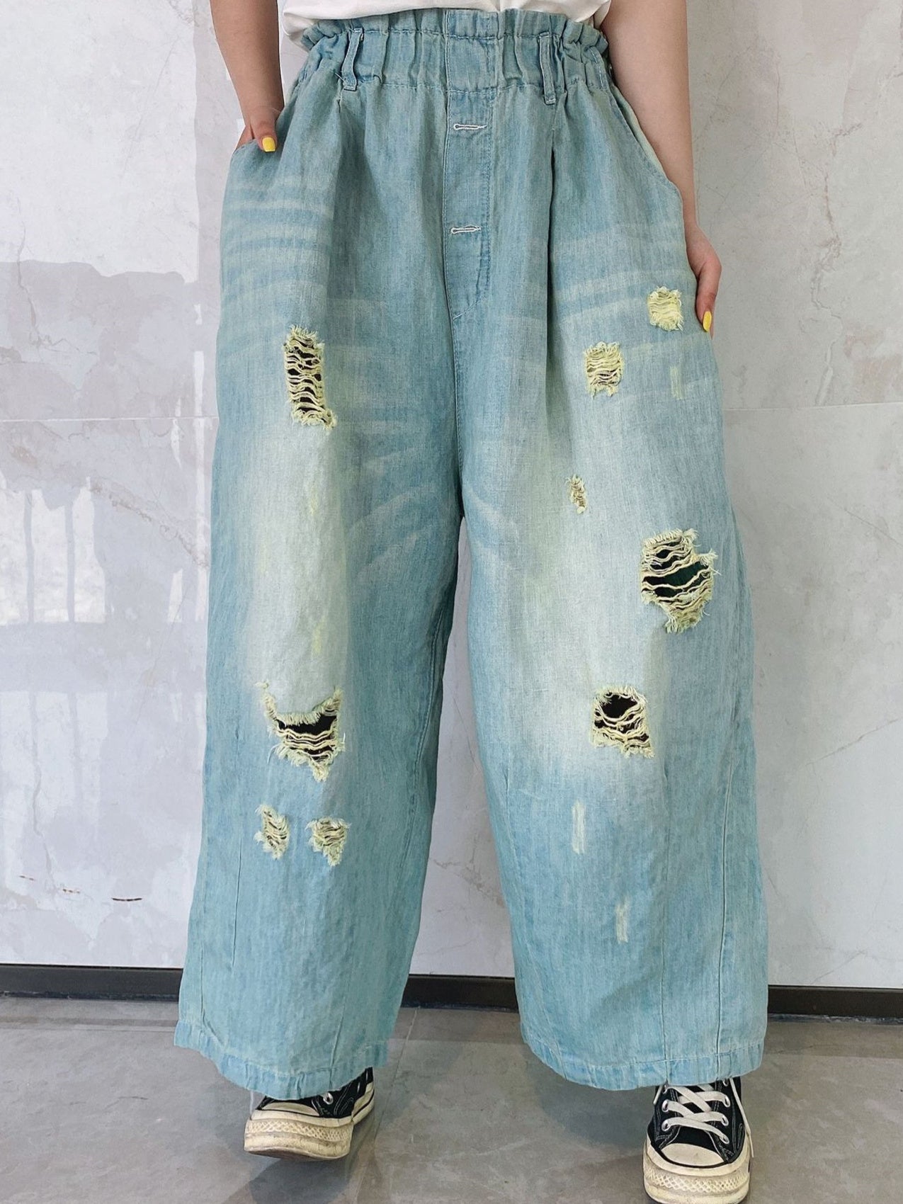 Women's Hole Casual Wide Leg Ripped Denim Cropped Pants