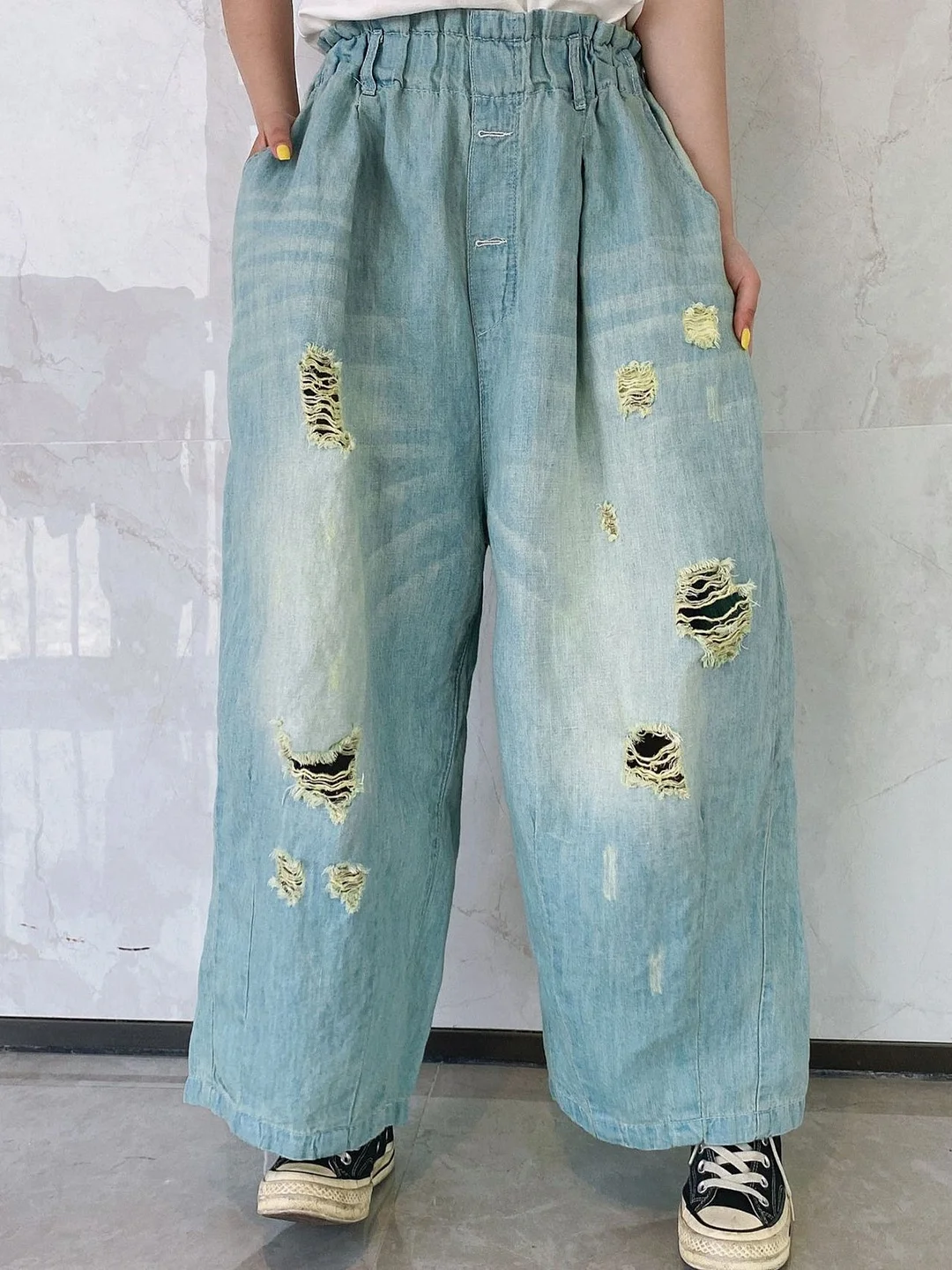 Women's Hole Casual Wide Leg Ripped Denim Cropped Pants