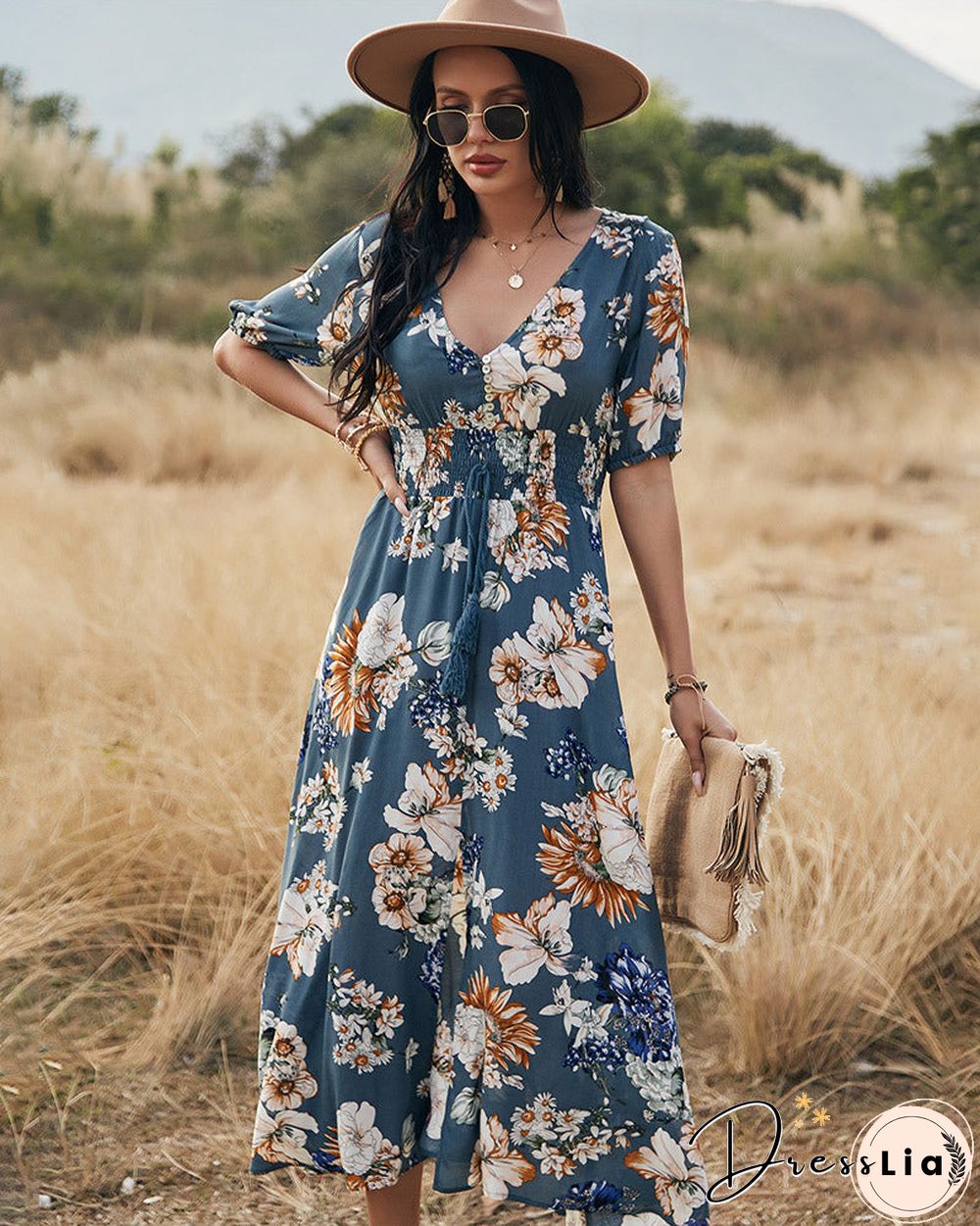 Elegant Short Sleeve V Neck Floral Maxi Dress