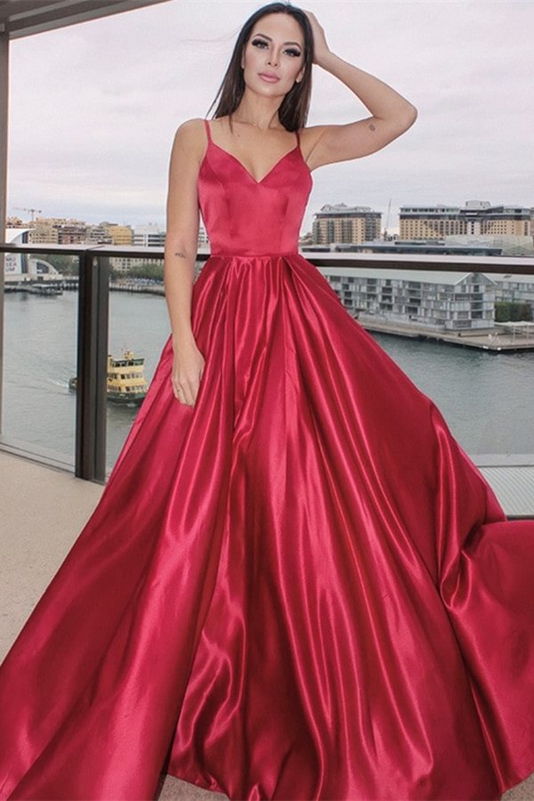 Red Spaghetti-Straps Elegant Evening Dresses | Ballbellas Ballbellas