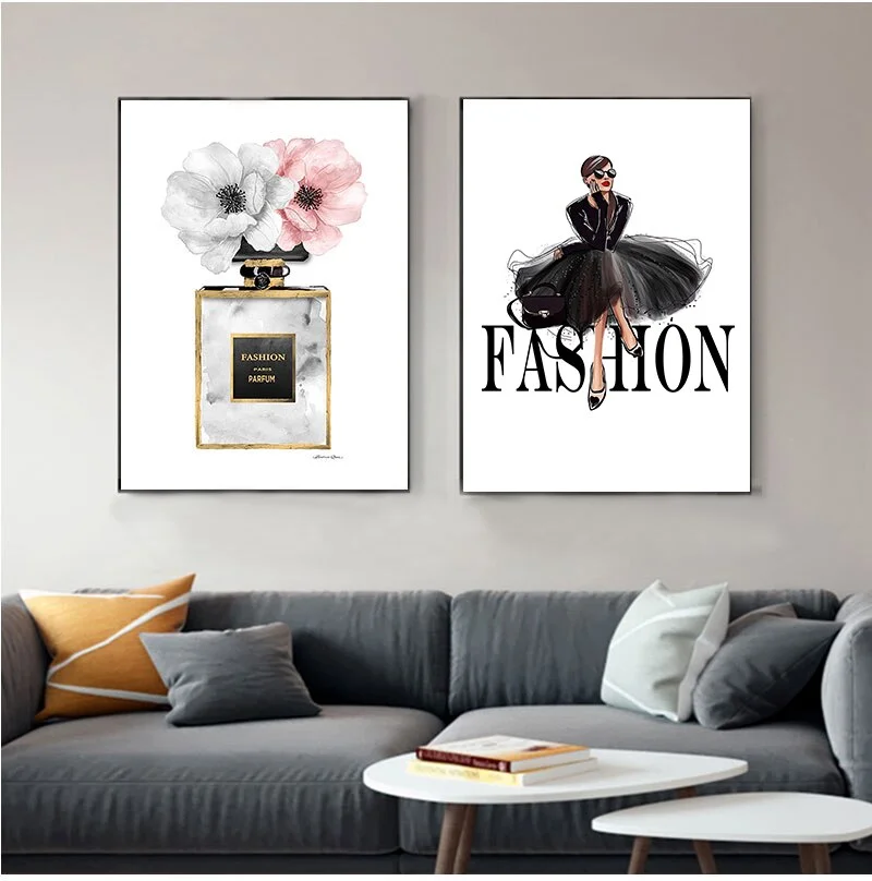 Fashion Black Dress Canvas  Nordic Wall Art Perfume with Flower Print Painting Decoration Picture Home Decor Framed