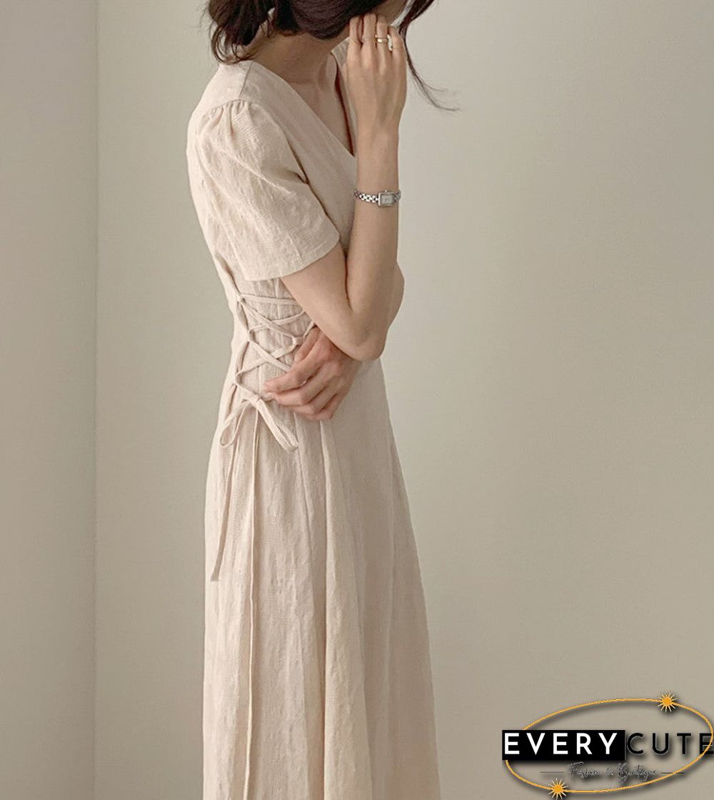 New Women Solid Sides Strap Slim Dress V-neck Short Sleeeves Light Flowers Partern Vestidos Freach Gentle Hot платье