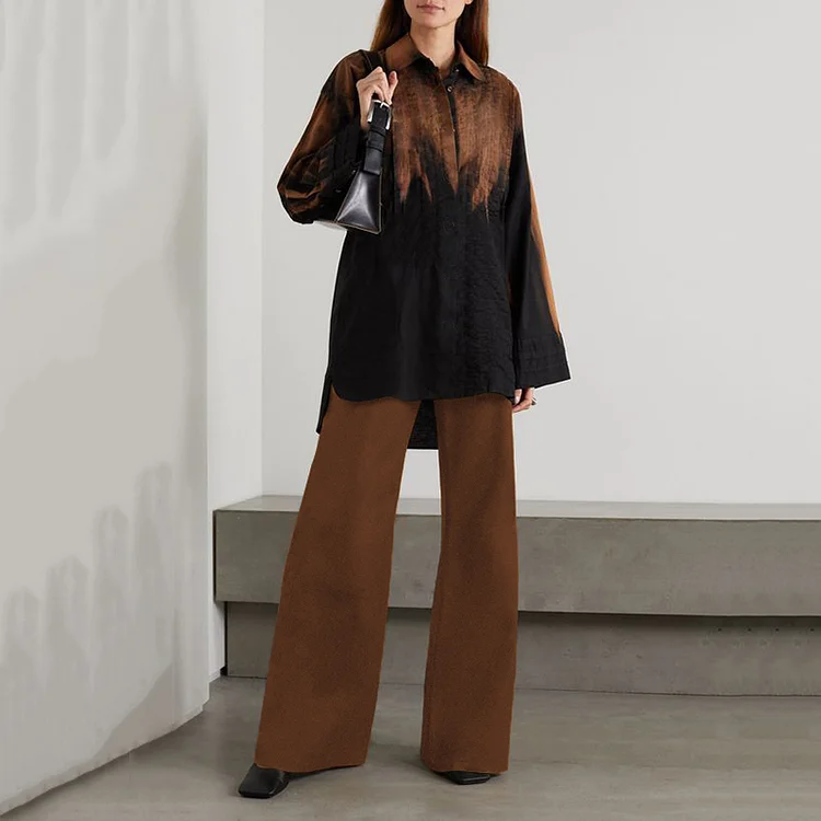 Casual Color Block Long Sleeve Shirt Two-Piece Set