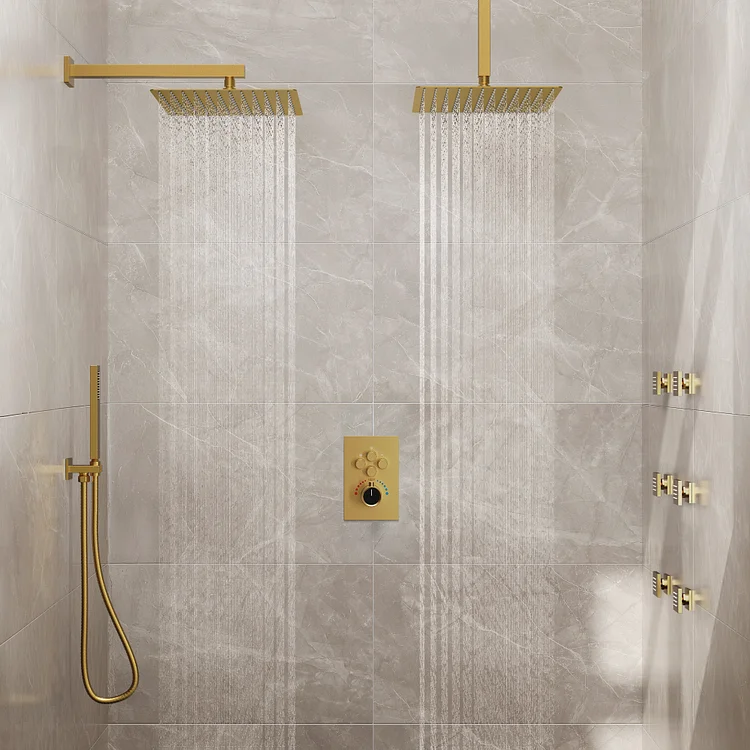 Luxury Thermostatic Dual Shower Head System in Brushed Gold SFS