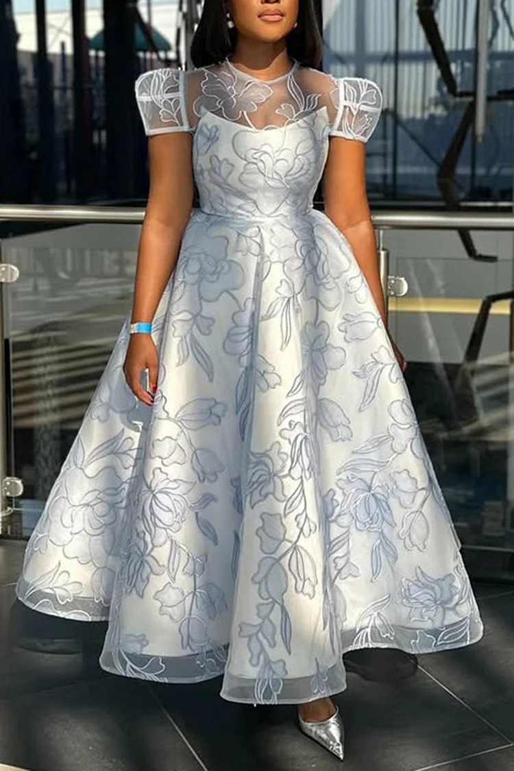 Plus Size Formal Blue Elegant Floral Round Neck Cap Sleeve Short Sleeve See Through Organza Maxi Dresses [Pre-Order]