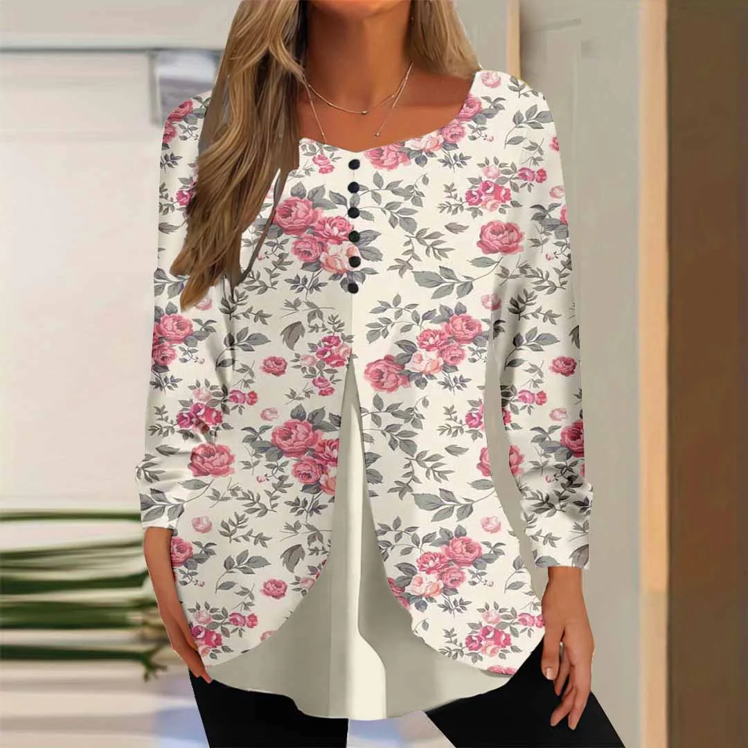Women Floral,Pink DZGG8390 Long Sleeve Scoop Neck Printed Graphic Button Fake 2in1 Tops