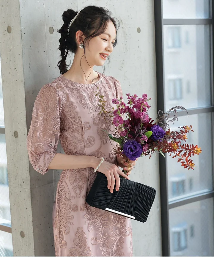 バックシャン リボン ランタンスリーブ刺繍レース 結婚式 パーティータイトドレス ランタンスリーブ刺繍レース バック リボン ワンピース 結婚式