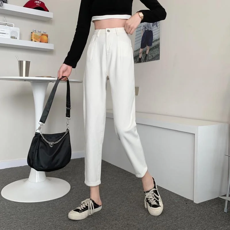 Jeans Women High Street Female Korean Style Pure Color Vaqueros Mujer Ankle-length Zipper Fly Students Harajuku Straight Daily