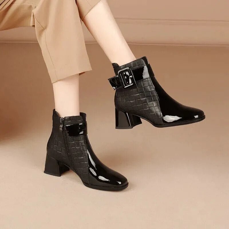Square Toe Buckle Deco Ankle Boots For Women Runway Shoes Ladies Shinny Leather Boots Fashion Woman Block Heeled Shoes Med Heels