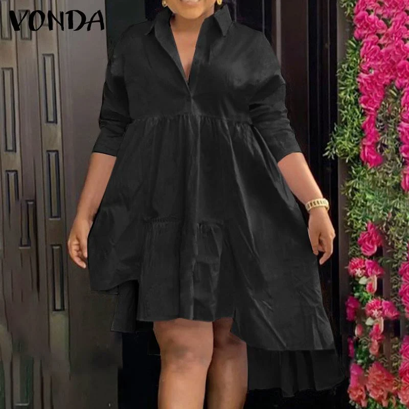 Autumn Dress VONDA 2022 Casual Lapel Collar Asymmetric Hem Solid Party Vestidos Women Long Sleeve Pleated Dresses Femme Robes