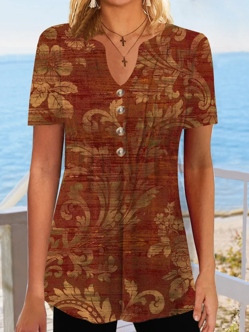 Women Short Sleeve V-neck Floral Printed Buttons Tops